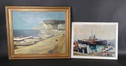 Tableau HSP (2pcs) - Marine - - La place d'Etretat - signé STAQUET Lucien