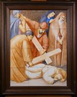 Tableau : Céramique Boch La Louvière Panneaux de faïence polychrome (12 carreaux , 1pt ecl) - Chemin de croix - anonyme 1ere moitié 20eS