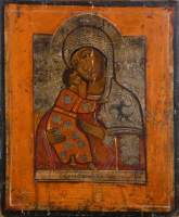 Objet : Icône sur panneau polychrome (rayures , lacunes) - Vierge à l'enfant - 19eS probablement Russe