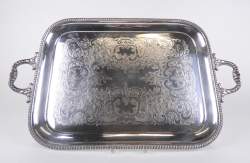 Argenterie : Grand plateau en argent sur cuivre (Silver on copper) proportion d'argent inconnue à anses et pieds en métal argenté