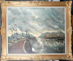 Tableau HST Marouflée -Paysage industriel- signé 100x80cm cadre de style doré (l