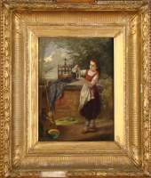 Tableau HSB -Jeune fille abreuvant les oiseaux- signé VARENBERGH Jean