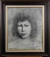 Tableau Lavis s/papier - Portrait de jeune fille - daté 1957 signé DELMOTTE Marcel