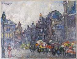 Tableau HSC - Marché aux fleurs Grand - Place Bruxelles - daté 1933 signé DE RAKOWSKY Mecislas