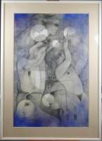 Tableau : Technique mixte crayon/ papier - Composition aux nus - 1978 signé BITKER Colette