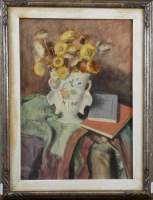 Tableau aquarelle - Cornet de porcelaine fleuri - daté 1925 signé BUISSERET Louis