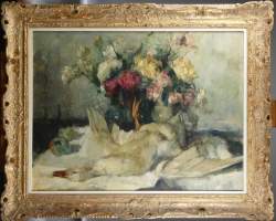 Tableau HST - Nature morte aux fleurs et au canard - attribué à LAUDY Jean