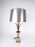 Luminaire : Lampe de Bureau gravé Maison Charles (pt taches) - Palmier - en métal argenté et doré 3 lumières