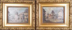 Tableau HSB acajou (paire) - Vie du Bourg animé - anonyme 19eS cadre de style doré (lacunes)