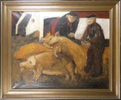 Tableau HST - Les éleveurs de cochons - signé VAN RINTEL Théo