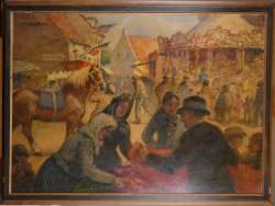 Tableau : technique mixte sur papier marouflé - La fête forraine , concour de chevaux et carrousel - signé VANDER POORTEN Valery