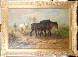 Tableau HST - Chevaux de trait et paysan au travail - signé SCHOUTEN Henry