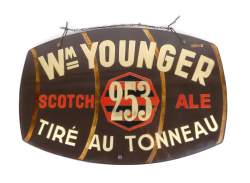 Objet : Plaque publicitaire double face en verre William YOUNGER - Scotch 253 Ale , tiré au tonneau - daté 1949