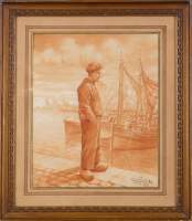 Tableau : Lavis - Pécheur Islandais - daté 1950 signé BULCKE Emile