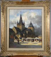 Tableau HST - Collégiale de Soignies marché animé - signé VAN GELDEREN Simon