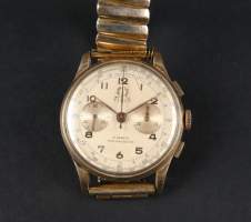 Bijou : montre chronographe TITUS boitier 14K cuvette arrière 18K mvt à remontoir (en état) bracelet métal rapporté