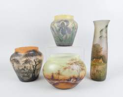 Verrerie : 4 vases en verre (egr , ecl) maté à décor peint dont 3 signés P.JOST H : 16cm