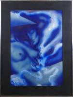 Tableau : Acrylique sur panneau - Composition au nu bleu - daté 74 signé bas droite PARISSE M.Cl. 83x44cm cadre alu sous verre