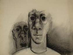 Tableau fusain sur papier - 2 Hommes - daté 75 signé ROUSSEAU Alain