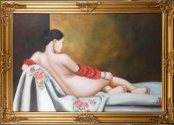 Tableau HST marouflée - Nu couché de dos - Anonyme 1ère motié 20eS 60x90cm cadre de style doré