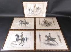 Estampe : Litho couleur (5) - Chevaux montés - d'après ADAM V.(19èS) par Le Mercier cadre bois s/v