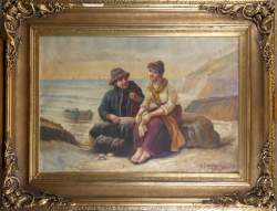 Tableau HST -Couple de pecheurs- signé SOLLER fin 19è/début20èS 56x80cm cadre de