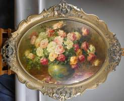 Tableau HST marouflée - Bouquet de roses - signé (lacunes)