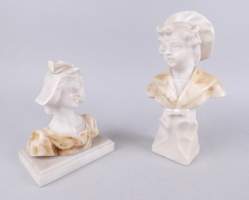 Sculpture : 2 bustes en albâtre (pt ecl) - jeune homme et jeune fille - dont 1 signé FEBO Trafeli