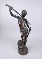 Sculpture : Bronze patine brune (trous sur la base) - David vainqueur de Goliath - fondeur F. Barbedienne signé MERCIE Antonin