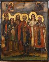 Tableau : Icône : Tempera sur bois - Les saints - 19eS
