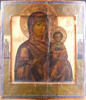 Tableau : Icône religieuse en bois peint fin 18e début 19eS (mq , craquelures) - Vierge à l'enfant -