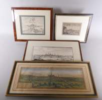 Estampe : Eaux-fortes cartes et panoramas anciens de la ville de Mons (4pcs) avec cadre s - v