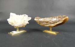 Objet : (2pcs) Cristal de roche + fossile de poisson sur socle en métal doré