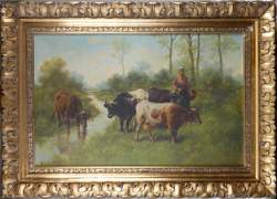 Tableau HST - Fermière et ses vaches - signé SCHOUTEN Paul