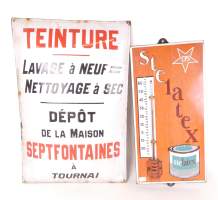 Objet : Plaques émaillées (2pcs) : thermomètre Stelatex et plaque Teinture