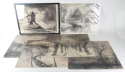 Tableau : Dessin fusain (6pcs) - Paysages - 3 datés 1929 , 1925 , 1932 signé DIEU Victor
