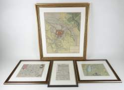 Estampe : (4p) Pointe sèche/Burin : plan de Mons daté 1744 +plan de St Ghislain daté1749 + carte du Hainaut daté1596 + gravure parlant probable 1ere fois de Mons (en allemand)