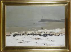 Tableau HST -Plage sous la Neige à Nieuport- signé DEVOS Léon