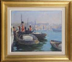 Tableau HST marouflé -les Remorqueurs- signé RAUMANN Joseph