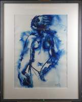 Tableau: aquarelle -Femme bleue nue- daté 72 signé LUESA Kamba