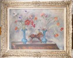 Tableau HST - Stilleven met anemonen en paardje - signé CRETEN Georges