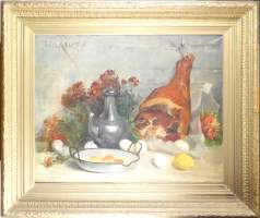 Tableau HST (1 trou , restauration) - Nature morte au jambon - signé RAGOT Jules Félix