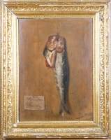 Tableau HSB (craquelure) - Sardines - 19eS monogrammé JGB cadre doré (lacunes)