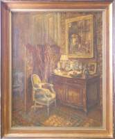Tableau HST (pt ecl) - Intérieur de maison - étiquette salon de printemps de 1944 signé GEUDENS Albert