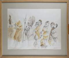 Tableau : technique mixte sur papier - Le Suisse ou la procession - signé HECQ daté LXXXXV
