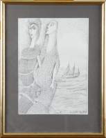 Tableau : dessin à l'encre/crayon - Une idylle à la plage - daté 80 signé SIMON Armand