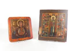 Religieux : 2 icônes sur bois : - Vierge Marie en position d'adoration - - Scènes de la vie du Christ -