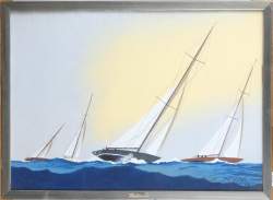 Tableau : Dessin gouache/papier - Voiliers en mer - daté signé HAFFNER Léon