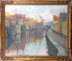 Tableau HST - Cours d'eau traversant la ville - signé HAEGHEBAERT Arthur