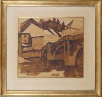 Tableau : Lavis - Vue de village - signé RATY Albert